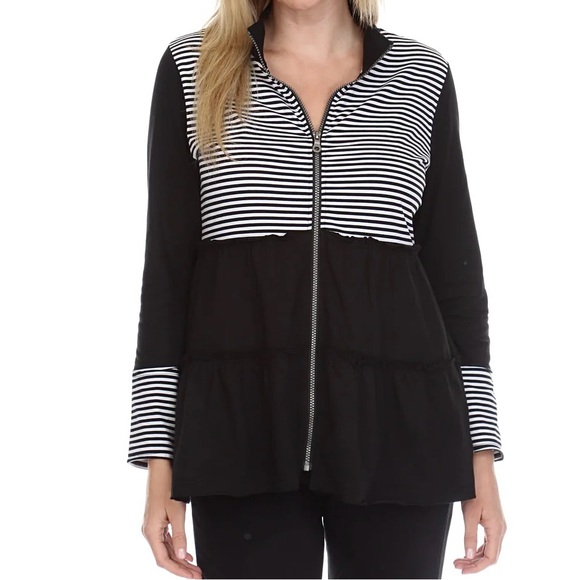 neon buddha Jackets & Blazers - Neon Buddha black white stripes front row tiered ruffle zip up jacket pockets XS